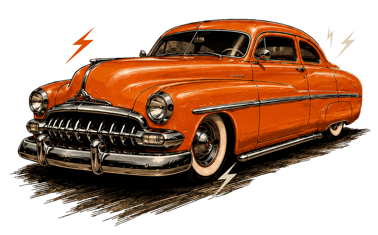Orange classic car promoting mobile auto electrician services across Greater Brisbane