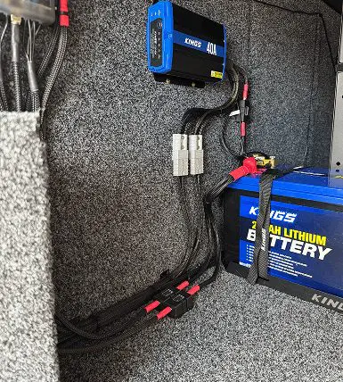 Custom battery and 12V electrical system installed inside a vehicle