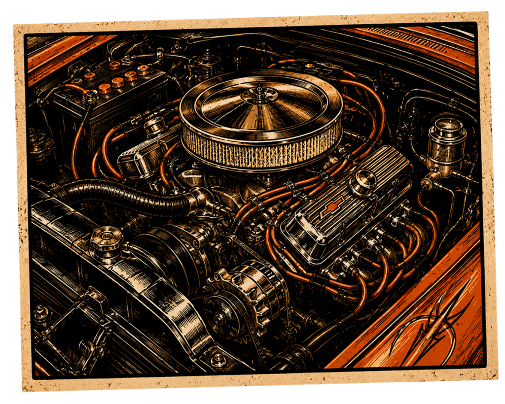 Classic vehicle engine bay undergoing auto electrical diagnostics and wiring repairs